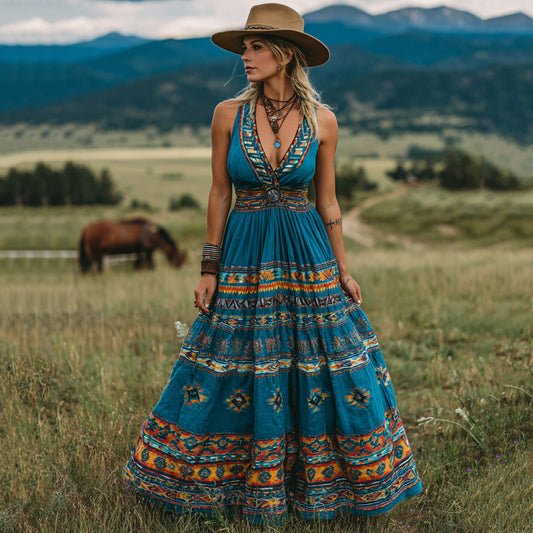 Women's Western Geometric Print V-neck Maxi Dress artswardrobe