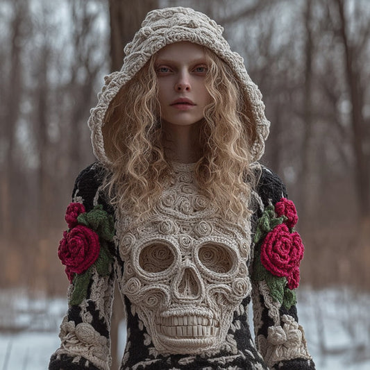 Women Halloween Vintage Scarlet Rose White Skull Crochet Hooded Sweater elevenforest