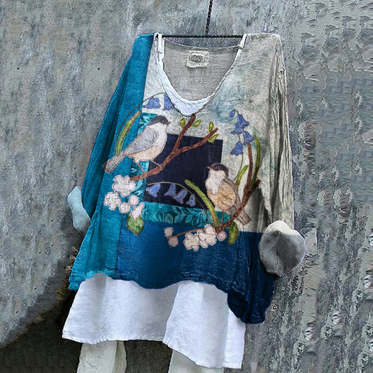 Comstylish Women's Flower And Bird Embroidery Art V-neck Linen Blend Shirt