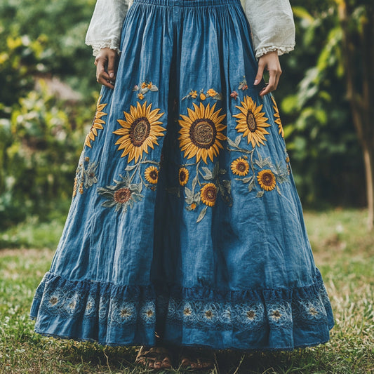 Sunflower Embroidered Lace Art Flowy Linen Skirt artswardrobe