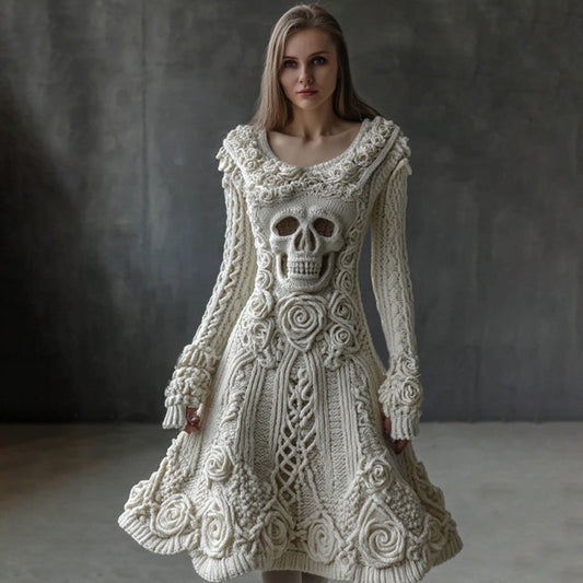 Vintage White Roses Skull Cozy Knit Sweater Dress artswardrobe