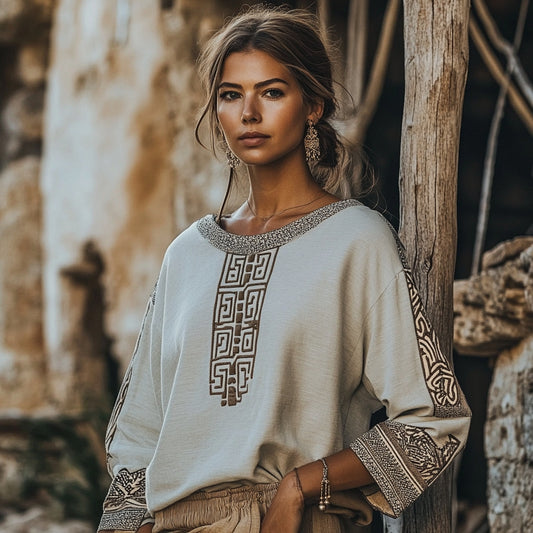 Vintage Greek Key Motif  Crew Neck Linen Blend Blouse artswardrobe