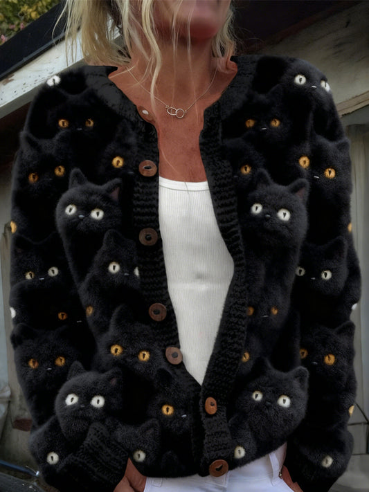 Comstylish Cute Fuzzy Black Cats Round Neck Cozy Cardigan