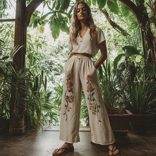 Women's Boho Floral Art Linen Lounge Pants artswardrobe