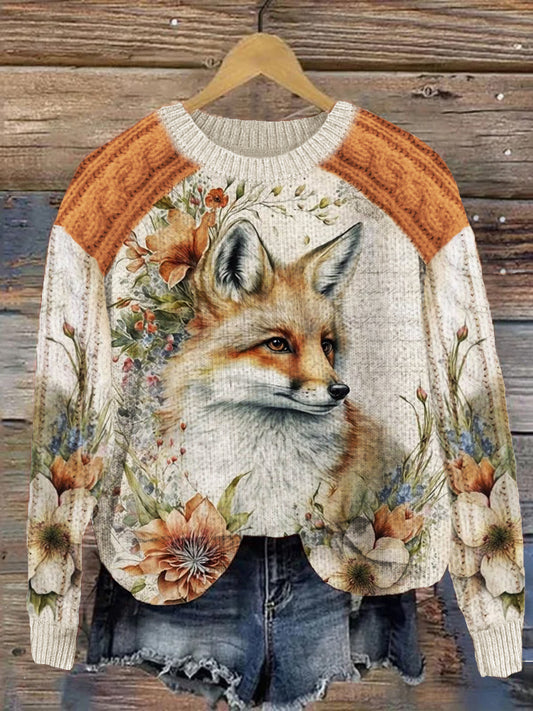 Vintage Fox Floral Contrast Color Cozy Knit Sweater artswardrobe