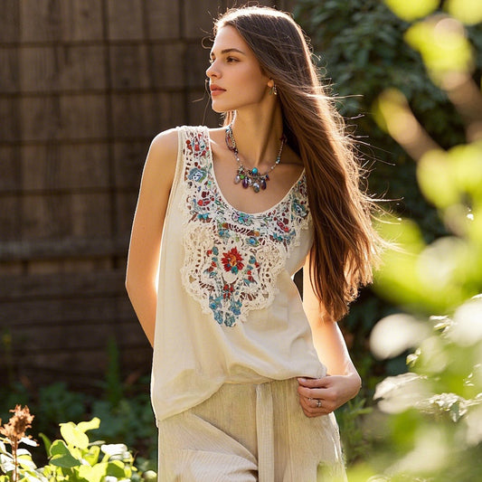 Vintage Bohemian Floral Linen Vest artswardrobe