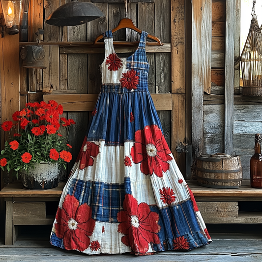 Women's Vintage Independence Day Flower Art Linen Tank Midi Dress artswardrobe