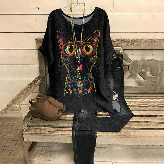 Women's Retro Oil Painting Pop Cat Round Collar T-shirt elevenforest