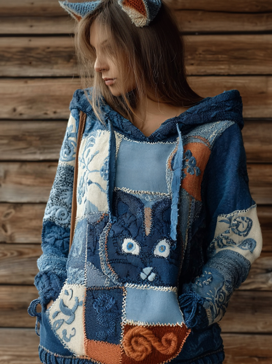 Comstylish Japanese Art Style Cat And Plant Flower Pattern Embroidery Women's Mixed Color Hooded Sweatshirt