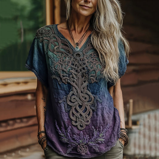 Vintage Viking Celtic Knot Gradient Art Women's Linen V Neck T-shirt artswardrobe