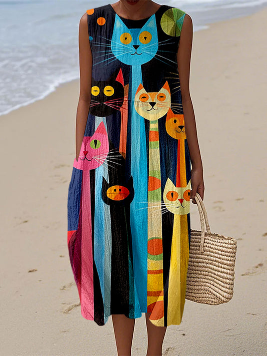Comstylish Funny Colorful Cats Pattern Linen Tank Dress