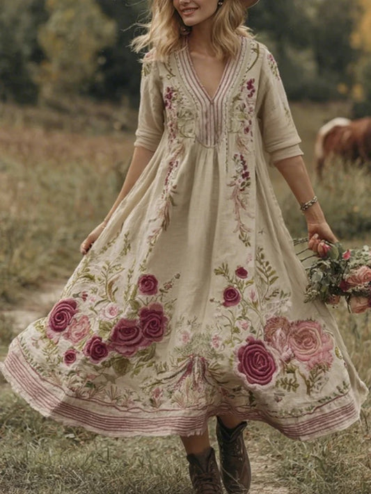 Classy Gradient Pink Roses And Striped  Embroidered Linen Maxi Dress artswardrobe
