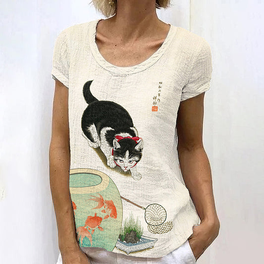 Japanese Art Cat Print Round Neck Casual T-Shirt elevenforest