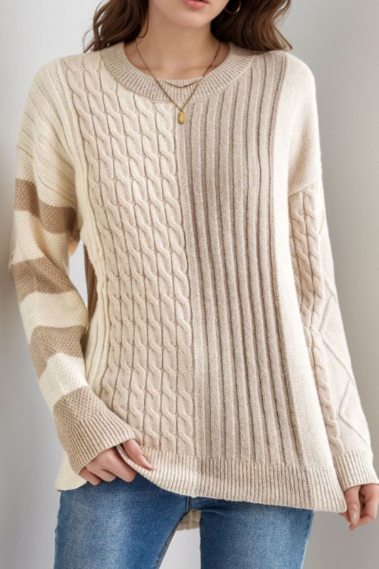 Liliana® | Color block crew neck cable knit sweater