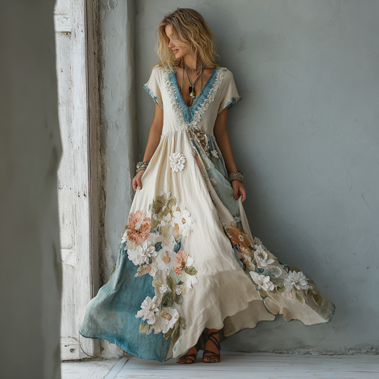 Comstylish Women's Vintage Oil Painting Floral Art Stitching Linen Dress