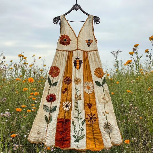 Women's Vintage Floral Bee Art Embroidery Short Dress artswardrobe