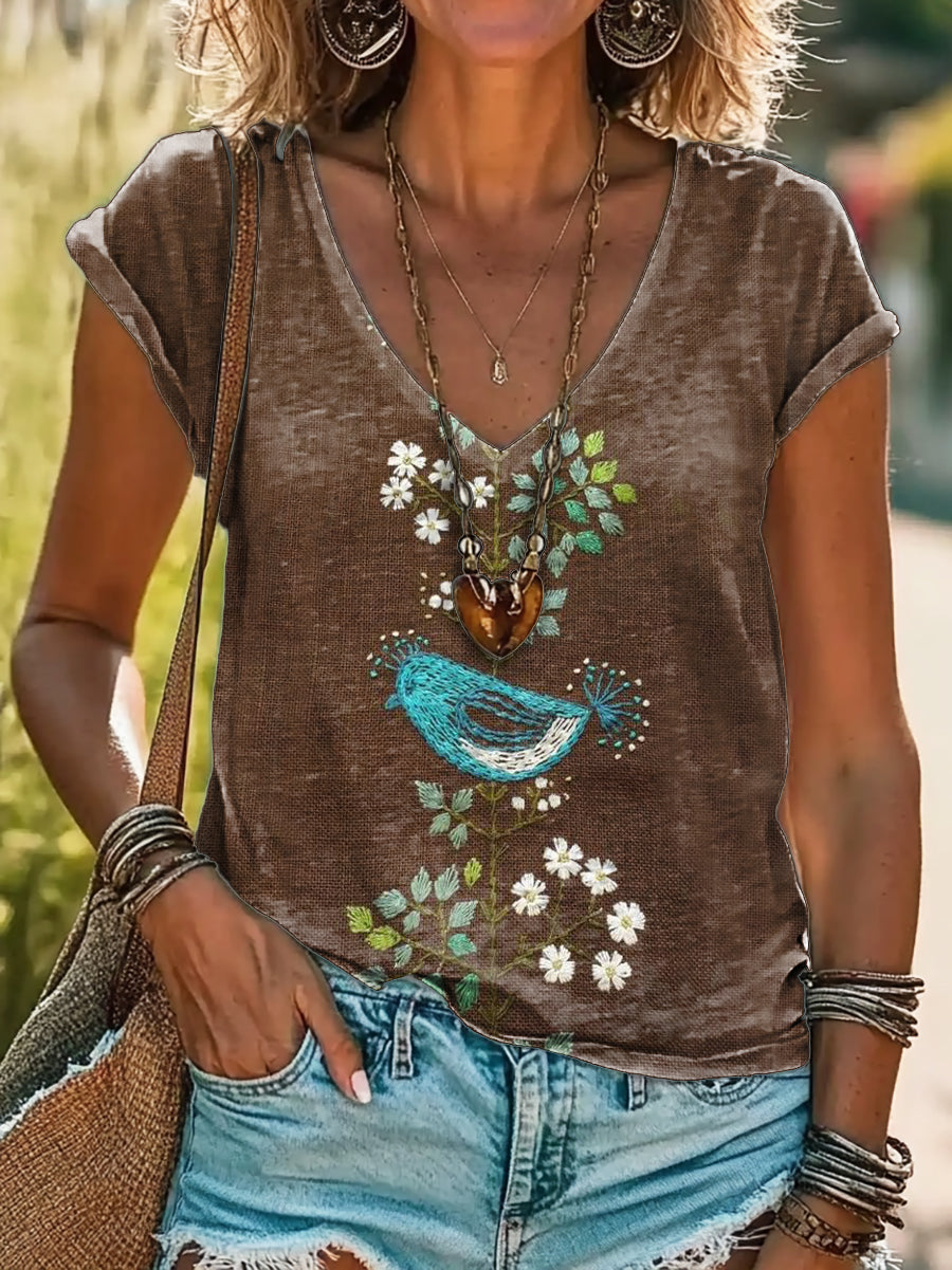 Bohemian Bird Floral Art Print 100%Cotton V-neck T-Shirt