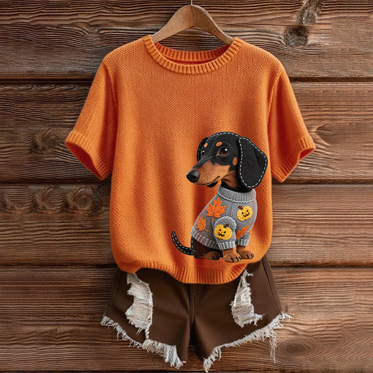 Classic Autumn Dachshund With Felt In Autumn Inspired Embroidered Short Sleeve Cozy Knit Sweater elevenforest