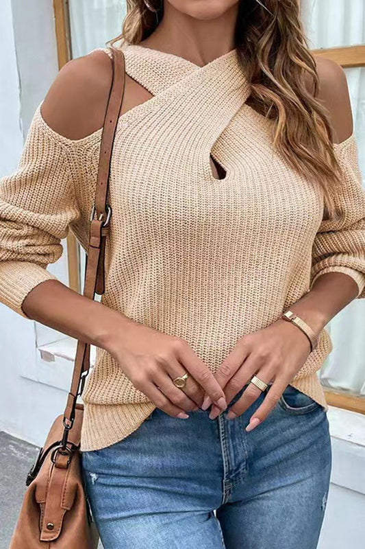 Marlene® | Solid color off-the-shoulder halterneck sweater with lantern sleeves