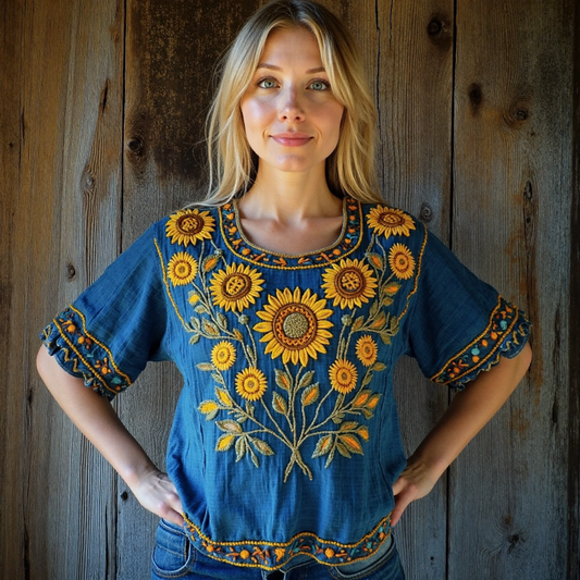 Comstylish Vintage Sunflower Folk Floral Linen T-shirt