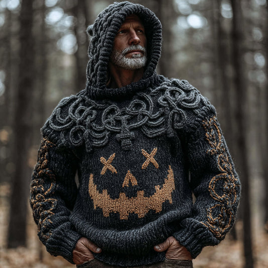 Men's Halloween Pumpkin Smiley Face Vintage Embroidery Hooded Sweater artswardrobe