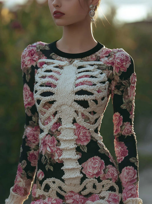 Women's Vintage Halloween Skeleton Bones With Rose Art Cozy Knit Mini Sweater Dress artswardrobe
