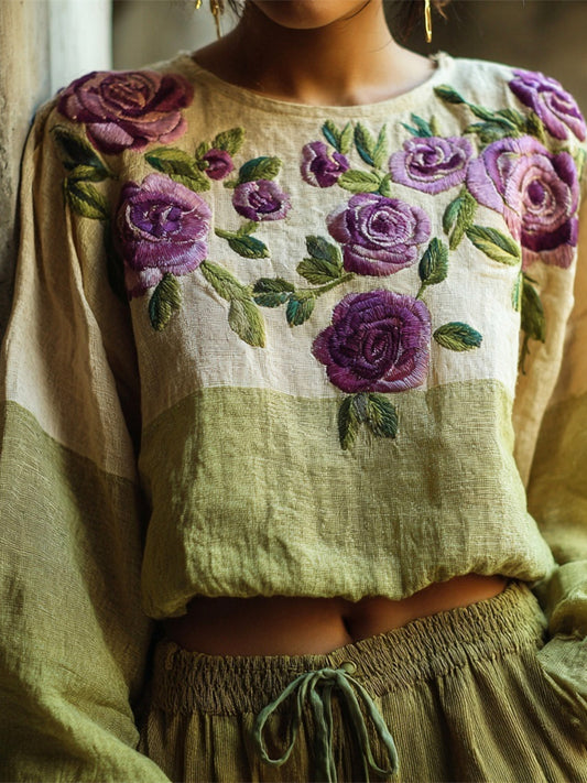 Vintage Floral Embroidery Women's Linen Loose Shirt artswardrobe