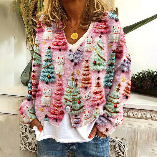 Christmas Tree Cute Cat 3D Print V-Neck Knitted Sweater Cardigan elevenforest