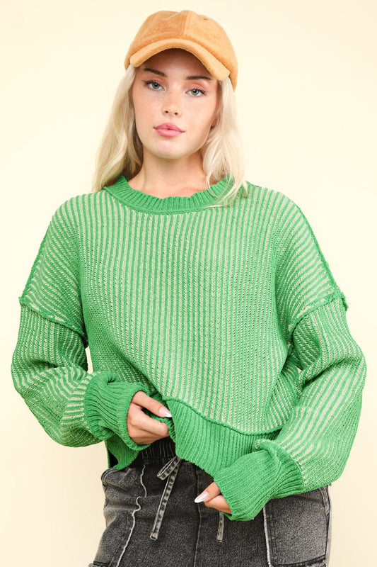 Magdalena® | Short, striped slit sweater with visible seams