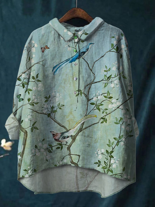 Plum Blossom Bird Print Elegant Cotton And Linen Shirt