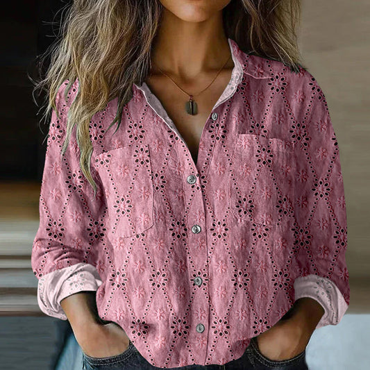 Women's Elegant Lace Embroidery Art Long Sleeve Comfortable Cotton Shirt artswardrobe