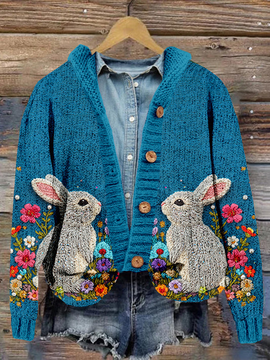 Bright Pastel Knitted Bunny Pattern Cozy Cardigan artswardrobe