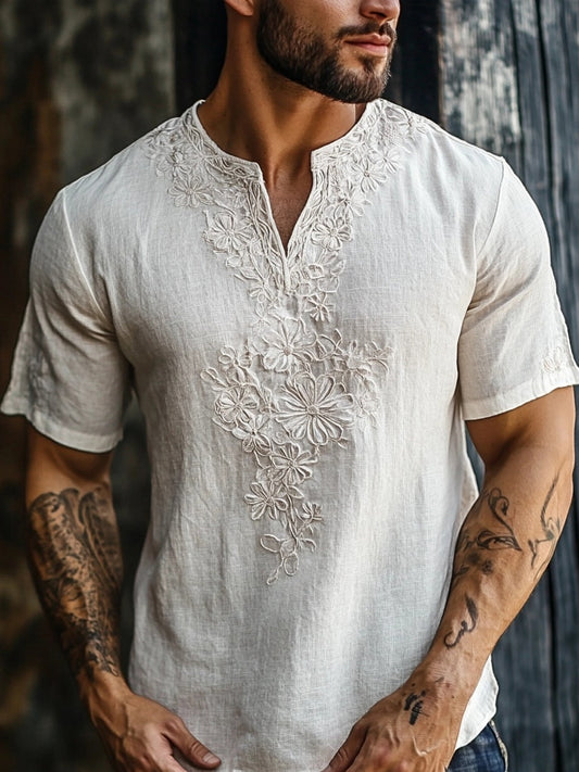 Men's Floral Lace Embroidered Linen Cozy Shirt artswardrobe