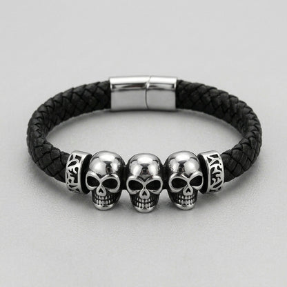 Three Skull Celtic Knot Black Leather Bracelet
