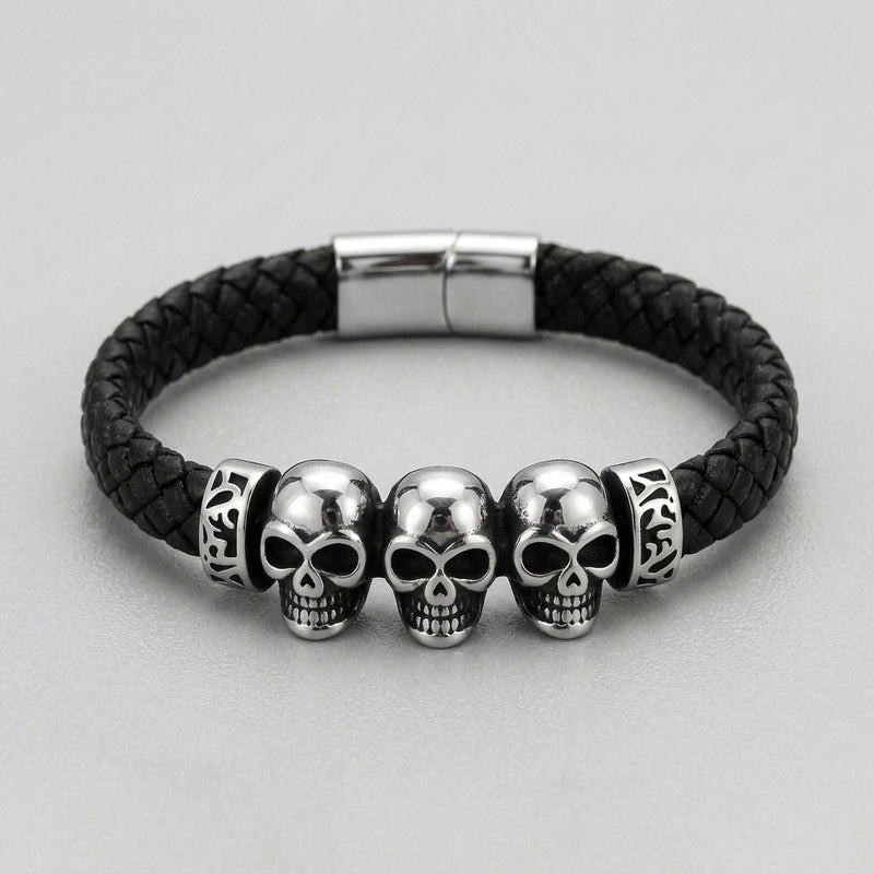 Three Skull Celtic Knot Black Leather Bracelet