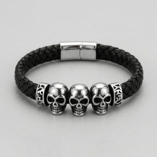 Three Skull Celtic Knot Black Leather Bracelet