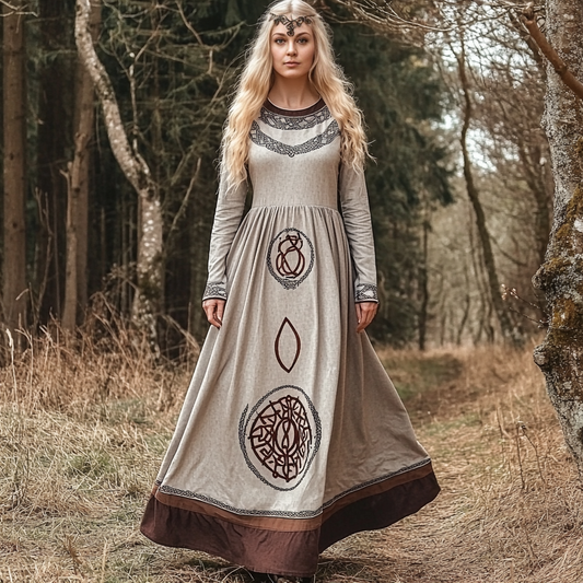 Vintage Viking Celtic Linen Crew Neck Midi Dress artswardrobe