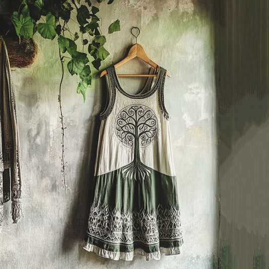 Vintage Tribal Celtic Knot Life Of Tree Patchwork Art Linen Tank Dress artswardrobe
