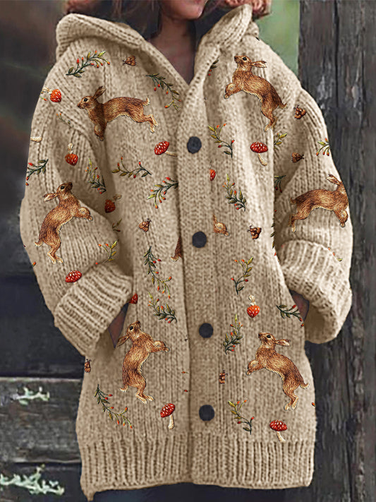 Forest Bunny Floral Embroidery Pattern Cozy Hooded Cardigan artswardrobe