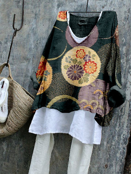 Comstylish Traditional Japanese Pattern Linen Blend Flowy Tunic