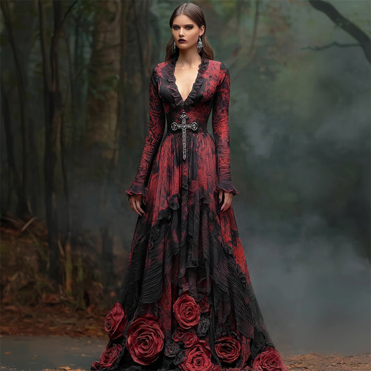 Comstylish Halloween Ash Rose & Cross Women's V-neck Flowing Maxi Dress