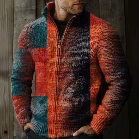 Men's Retro Contrast Design Pattern Zip Sweater artswardrobe