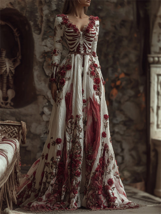 Comstylish Halloween Bloody Roses Rib Cage Bandages Flowy Linen Maxi Dress