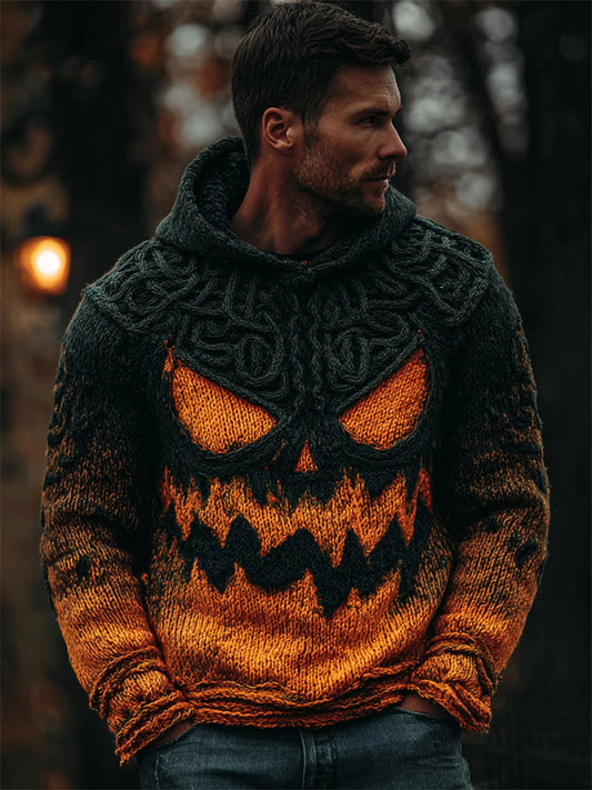 Men's Halloween Pumpkin Celtic Gradient Cozy Chunky Hooded Sweater elevenforest
