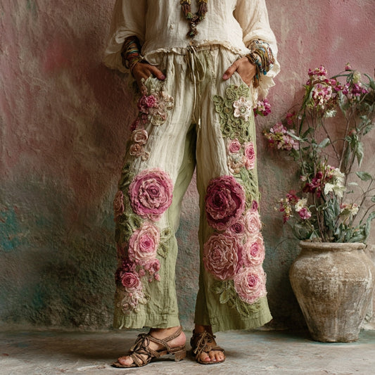 Vintage Floral Embroidered Art Print Linen Blend Pants artswardrobe