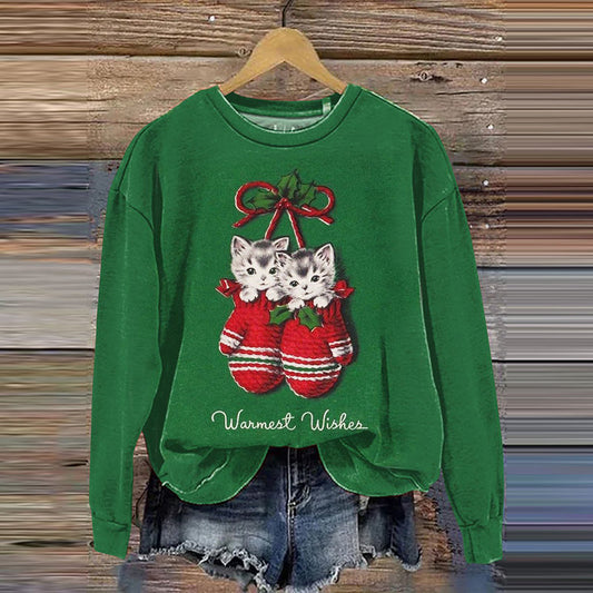 Vintage Christmas Cat Art Print Casual Sweatshirt elevenforest
