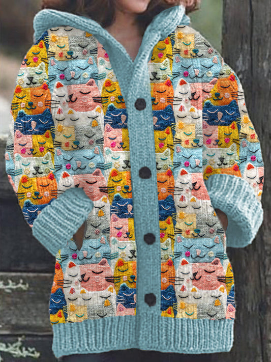 Cute Cats Pattern Cozy Hooded Knit Sweater elevenforest