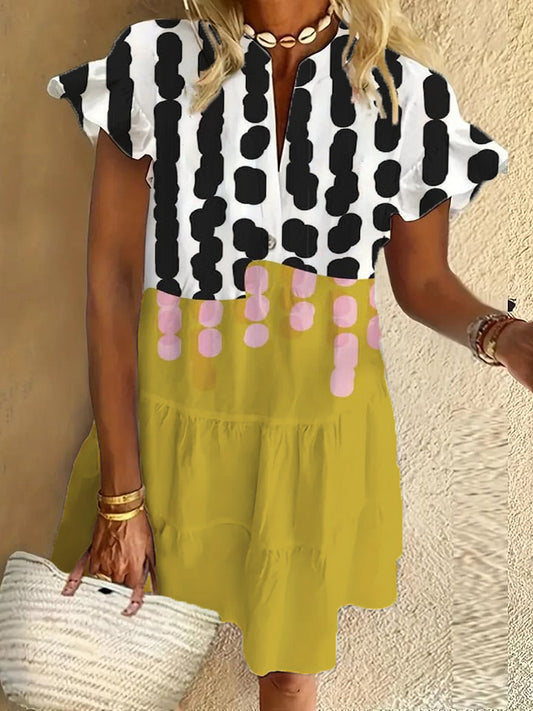 Geometric art ruffle short-sleeved V-neck button dress holiday beach dress