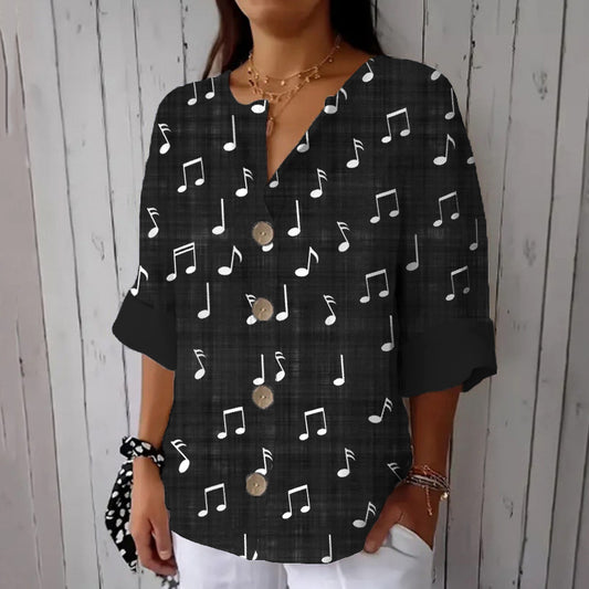 Comstylish Musical Notes Pattern Print Linen Casual Shirt
