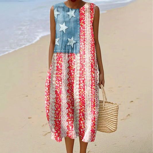 Vintage Independence Day Floral Art Linen Casual Tank Dress artswardrobe